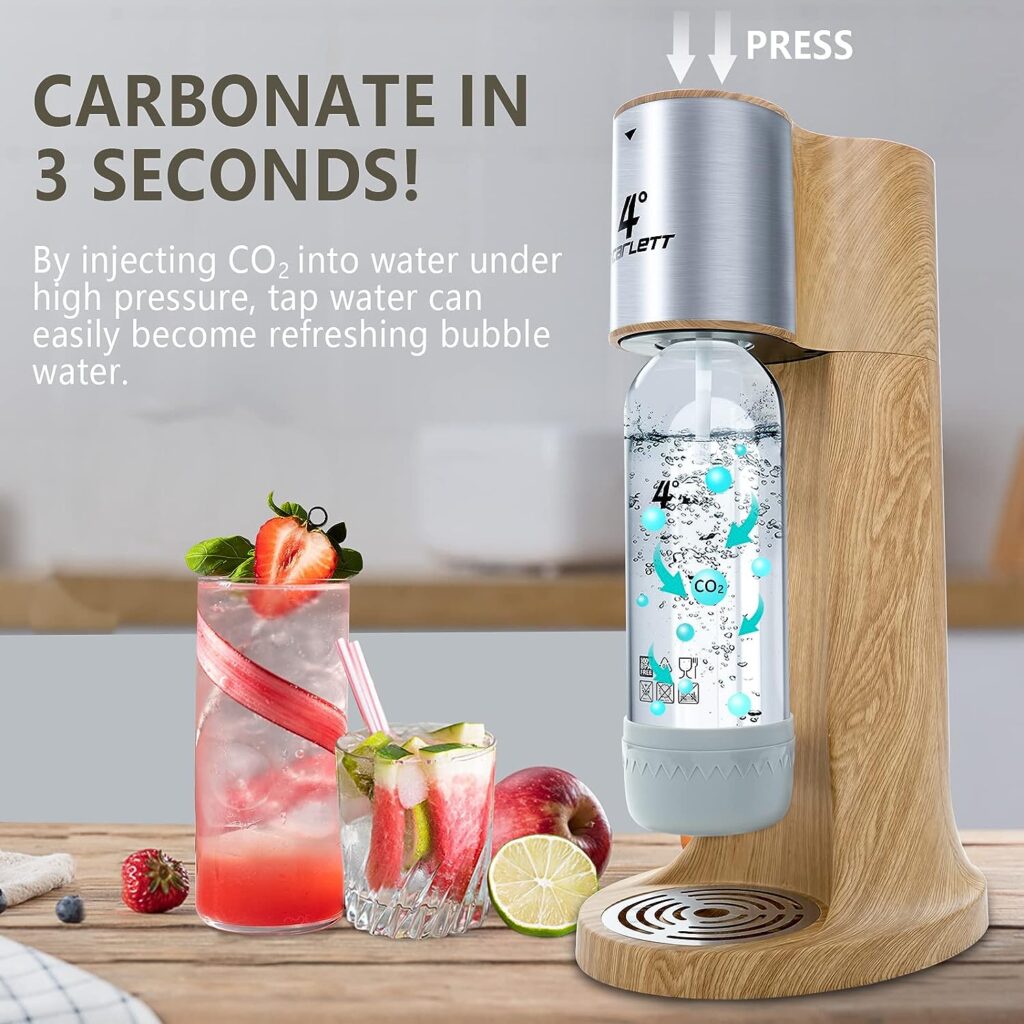 4° Sparkling Water Maker, Carbonated Water Machine and Soda Maker Machine for Home, with 1.0L BPA-free Sparkling Water Bottle, Compatible with Any Screw-in 60L CO2 Carbonator(NOT Included)(Wooden)