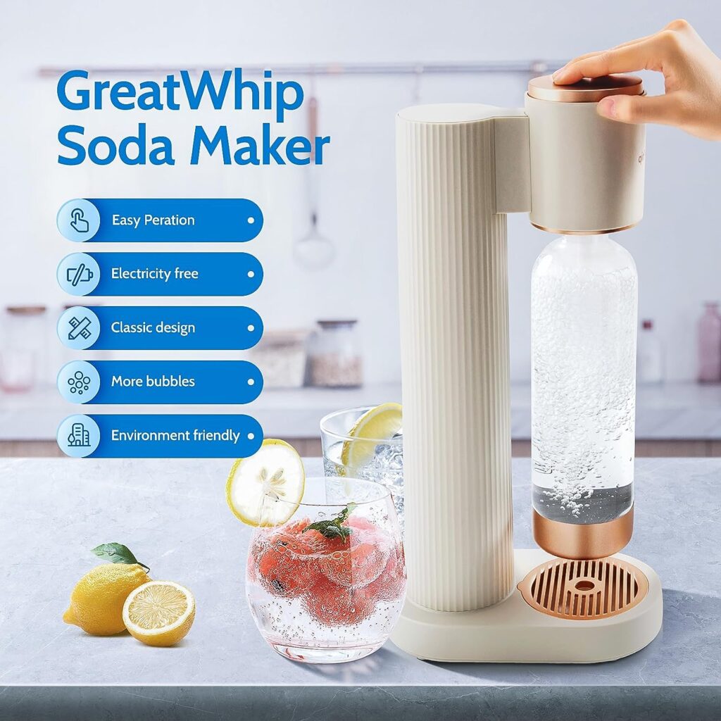 GreatWhip Sparkling Water Maker Soda Maker for Home with 1L BPA Carbonating Bottle Compatible with any Screw-in 60L CO2 Carbonator (NOT Included) White