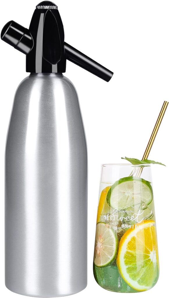 LANGSHI Soda Siphon Silver, Portable Seltzer Water Maker Soda Siphon for Home Club, 1 Liter Soda Maker Machine Sparkling Water Maker, Use 8 gram CO2 Cartridges