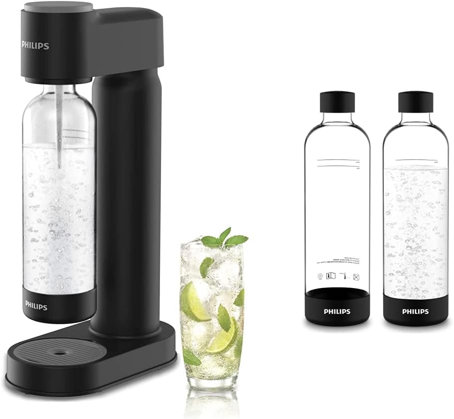 PHILIPS Sparkling Water Maker Soda Maker Soda Streaming Machine for Carbonating with 1L Carbonating Bottle  Carbonating Bottles, 1L Twin Pack Reusable PET Sparkling Water Bottles Compatible