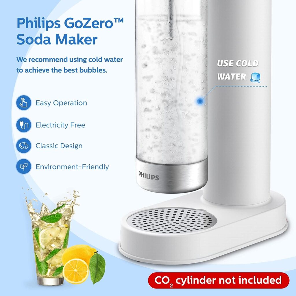 PHILIPS Stainless Sparkling Water Maker Soda Maker Machine for Home Carbonating with BPA free PET 1L Carbonating Bottle, Compatible with Any Screw-in 60L CO2 Exchange Carbonator(NOT Included), White