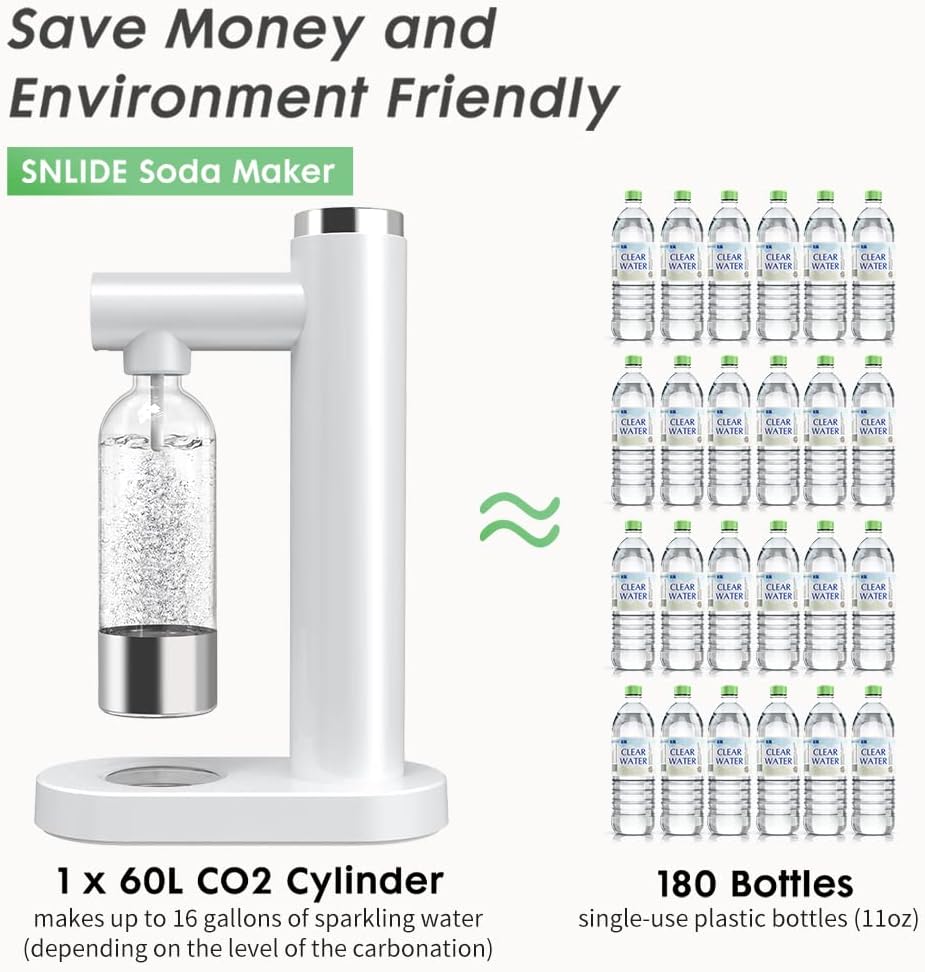 SNLIDE Soda Maker, Soda Water Machine with 1L Pet Bottle  DIY Stickers, Easy to Operate, Home Use Sparkling Water Maker with Aluminim Cylinder with 60L CO2