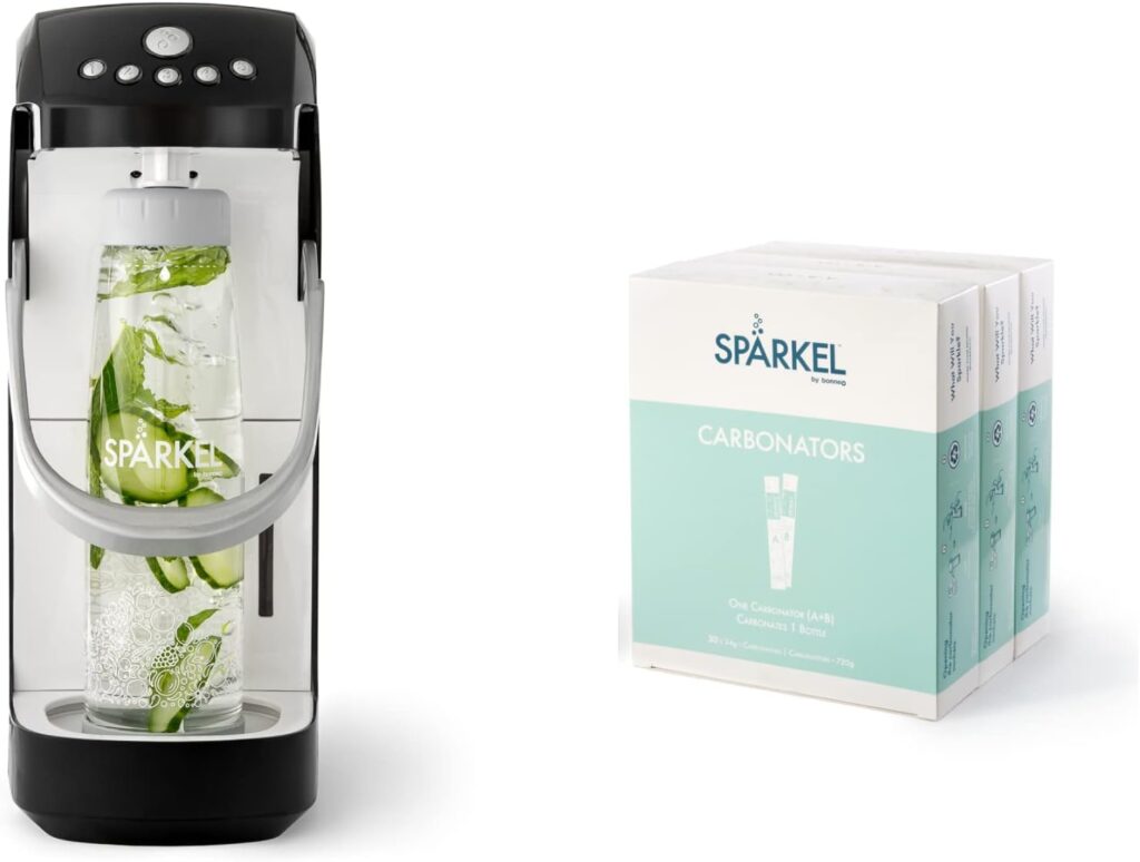 Spärkel System (Black) + Carbonator 90-Pack Bundle - Make 100 Drinks with this Sparkling Water and Soda Maker - Use Fresh  Natural Ingredients - No CO2 Tank Needed