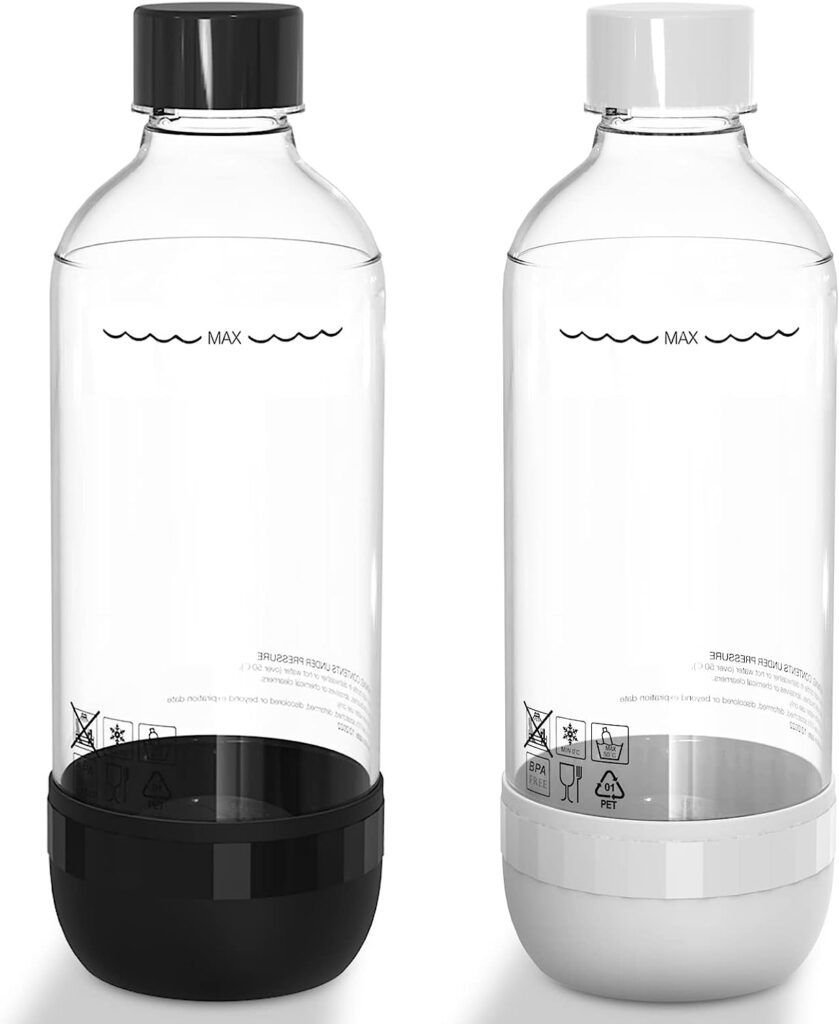 Thorder 1L Sparkling Water Maker Bottles, BPA-free, Reusable PET Soda Maker Bottles for Soda Machine (Black+White) Pack of 2